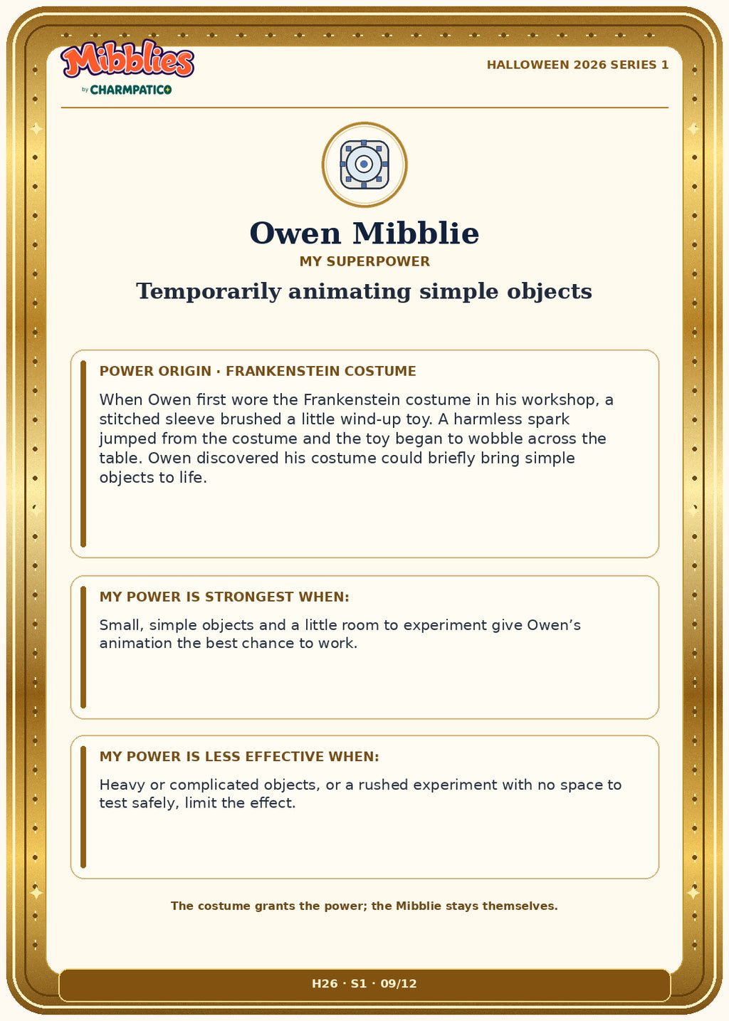 Owen Mibblie Halloween 2026 Series 1 collector card back