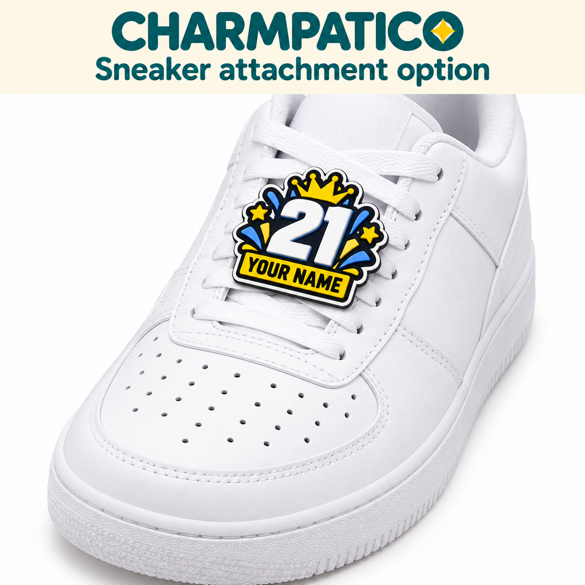 Charmpatico charm attached to sneaker laces