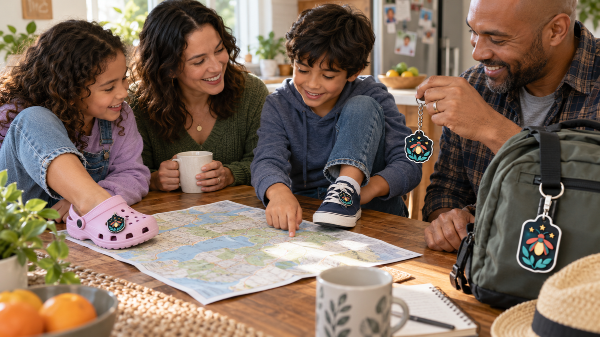 Family-specific custom charm design shown across footwear, bag tag, and keychain
