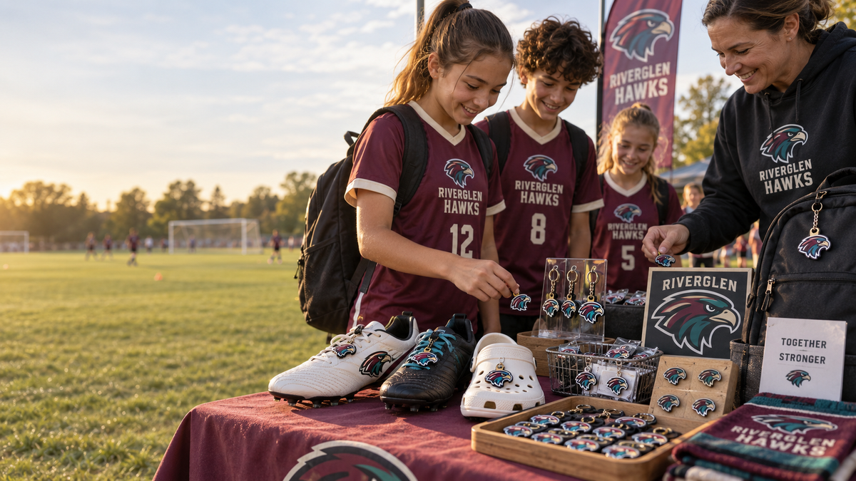 Riverglen Hawks fundraising products shown across footwear, keychains, bag tags, and pins