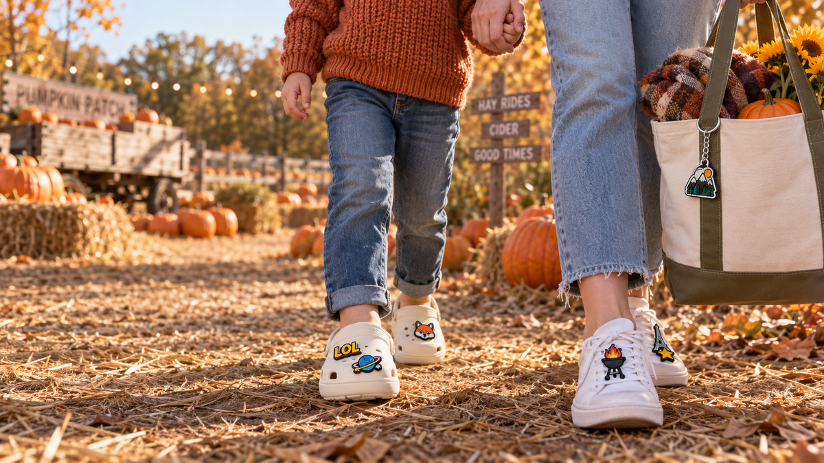 Seasonal pumpkin patch scene with distinctive Charmpatico footwear and bag charms